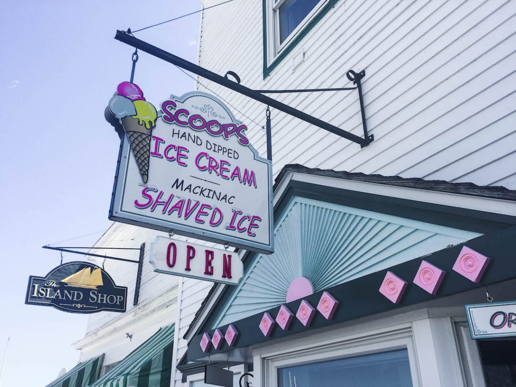 A cute sign hanging over the ice cream shop on Mackinac Island