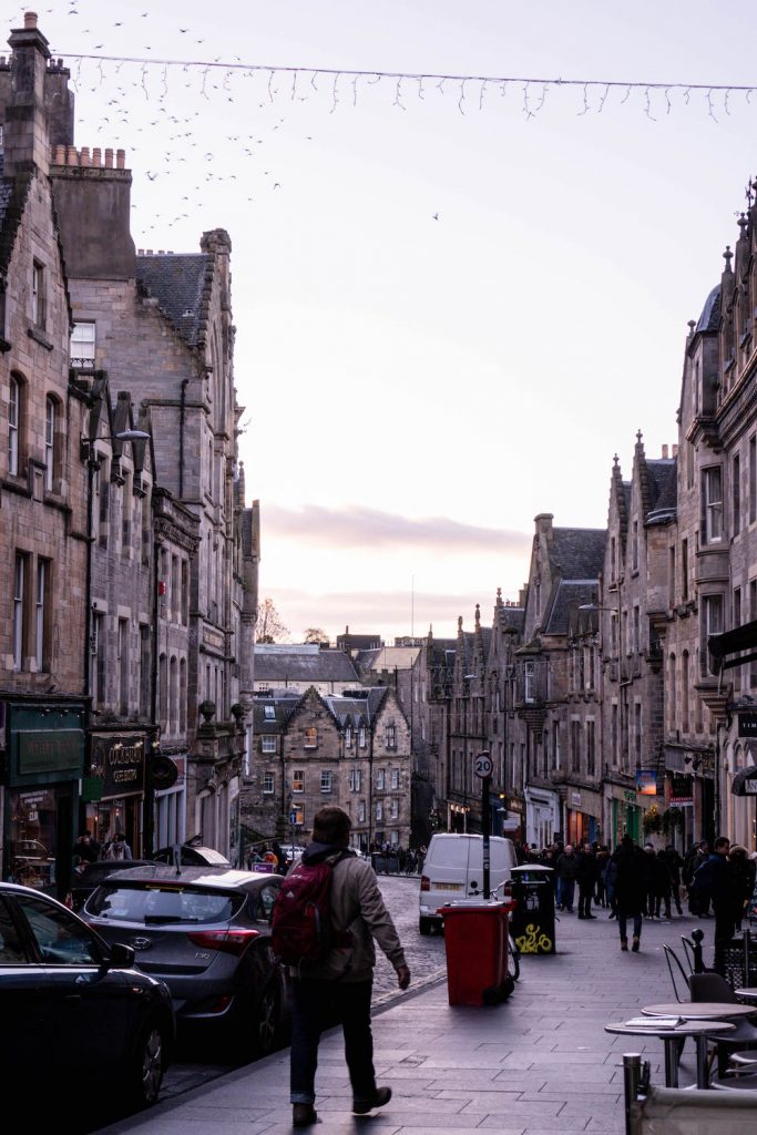 A street in Edinburgh at sunset
