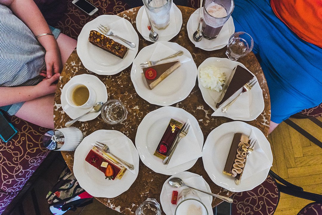 6 slices of caek on one table in Cafe Central in Vienna, Austria