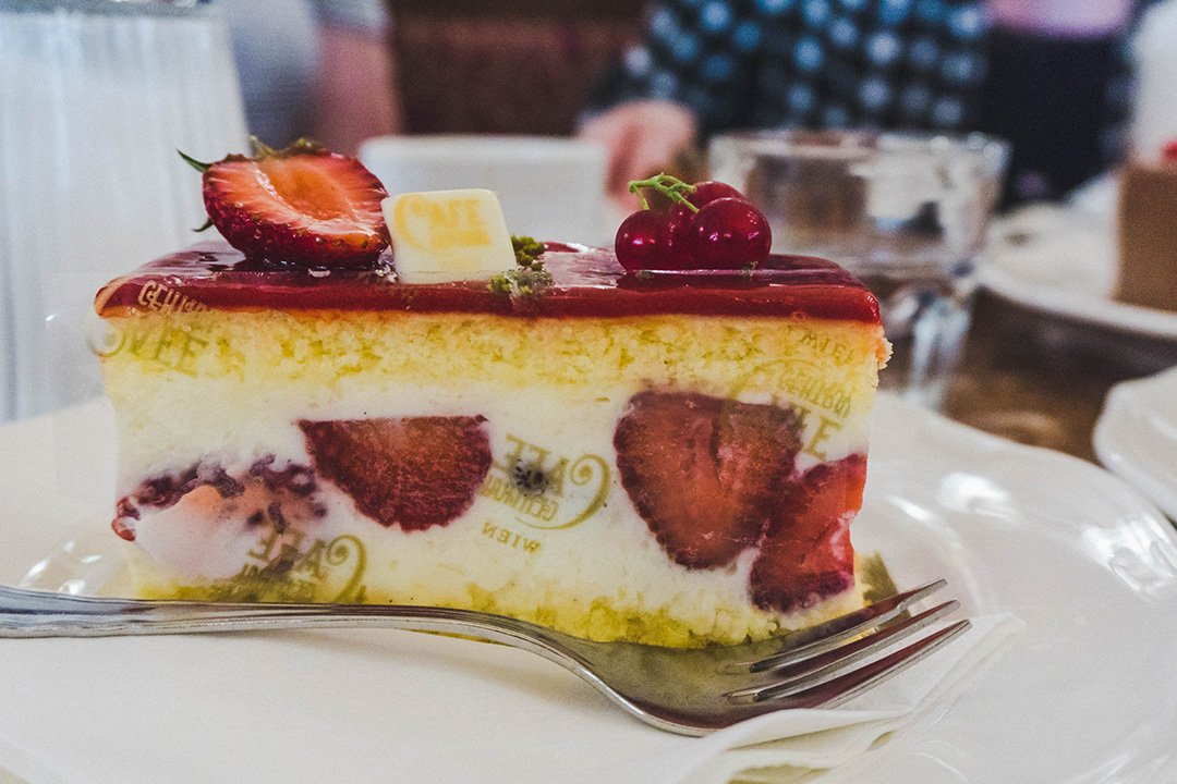closeup of strawberry cake at Cafe Central in Vienna, Austria