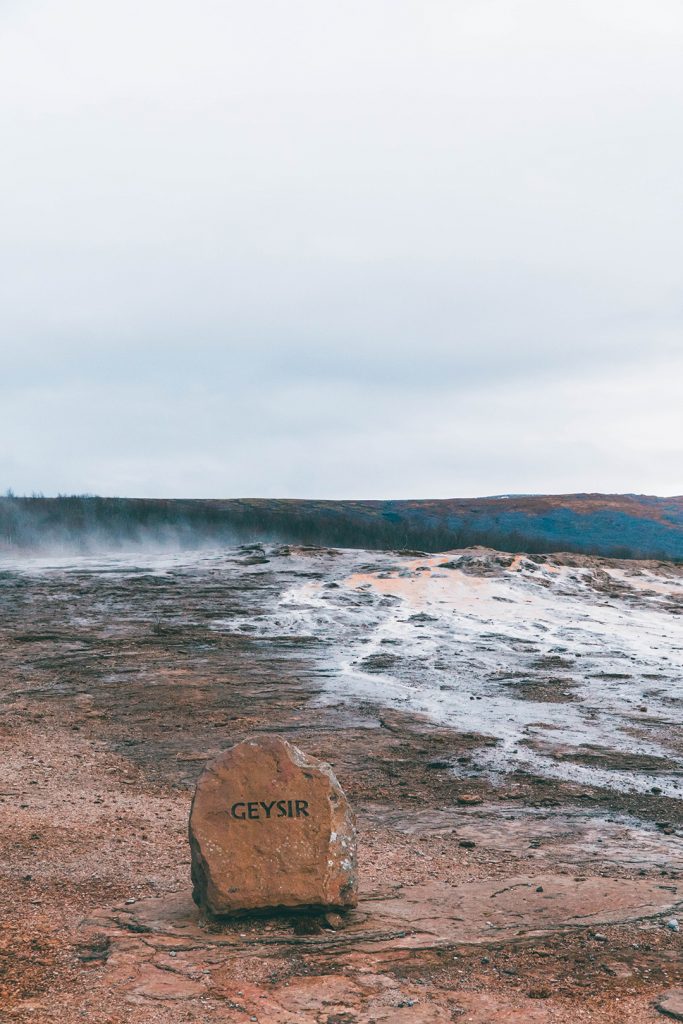 A rock with the word Geysir on it, denoting that this geyser is, in fact, the original geysir