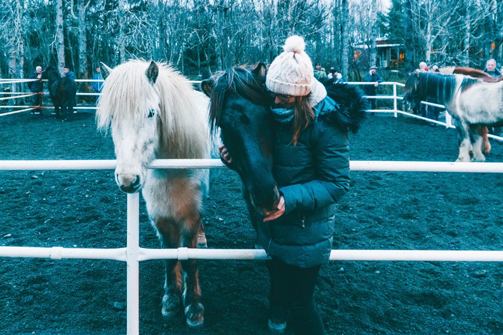Addie standing next to two Icelandic horses, hugging one of them. Iceland is definitely one of the best solo female travel destinations!
