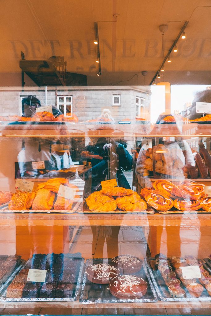 Pastry window display at a bakery in Copenhagen