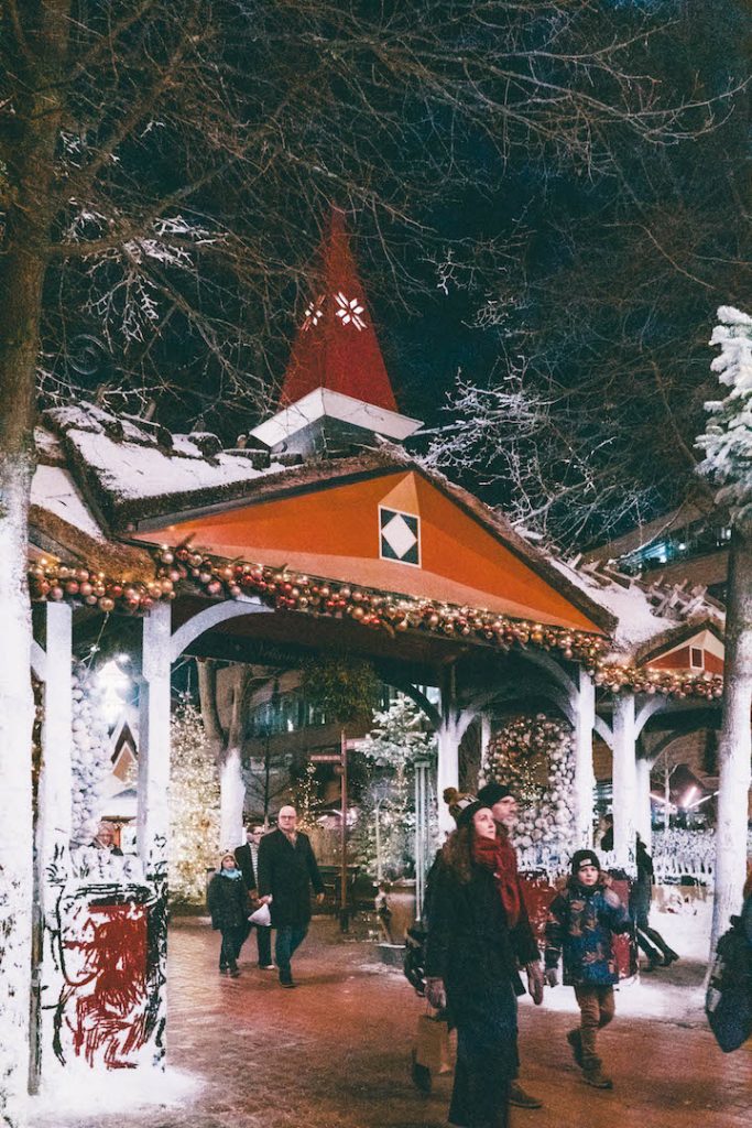 A gateway decked out for Christmas as Tivoli Gardens in Copenhagen in winter