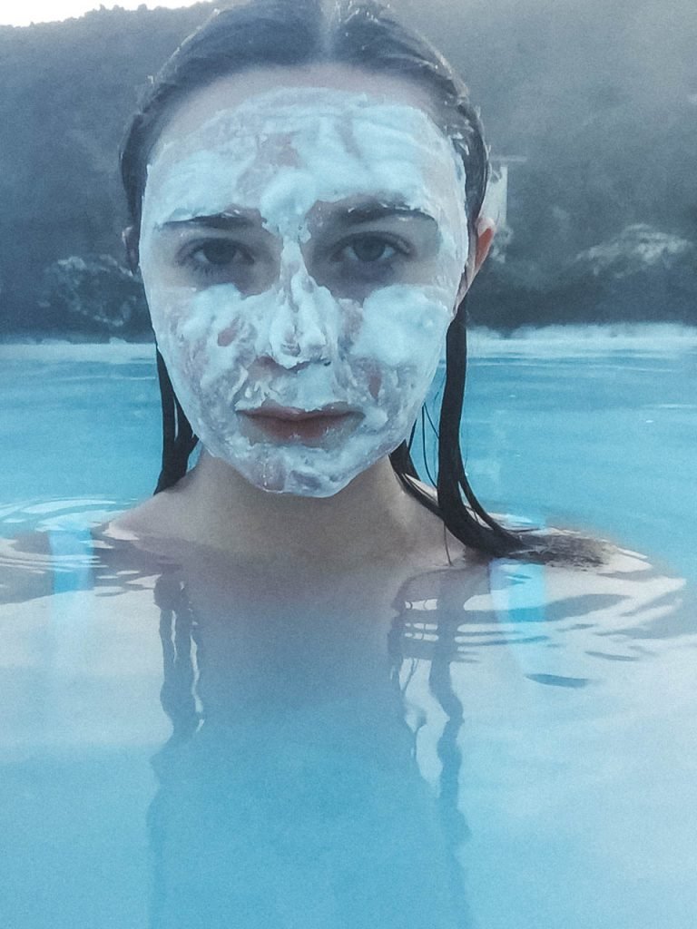 Addie with a facemask in the Blue Lagoon