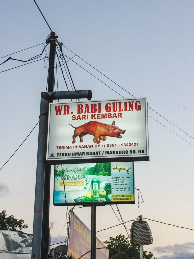 Sign for a warung that serves Babi Guling - our first stop on our Bali food tour