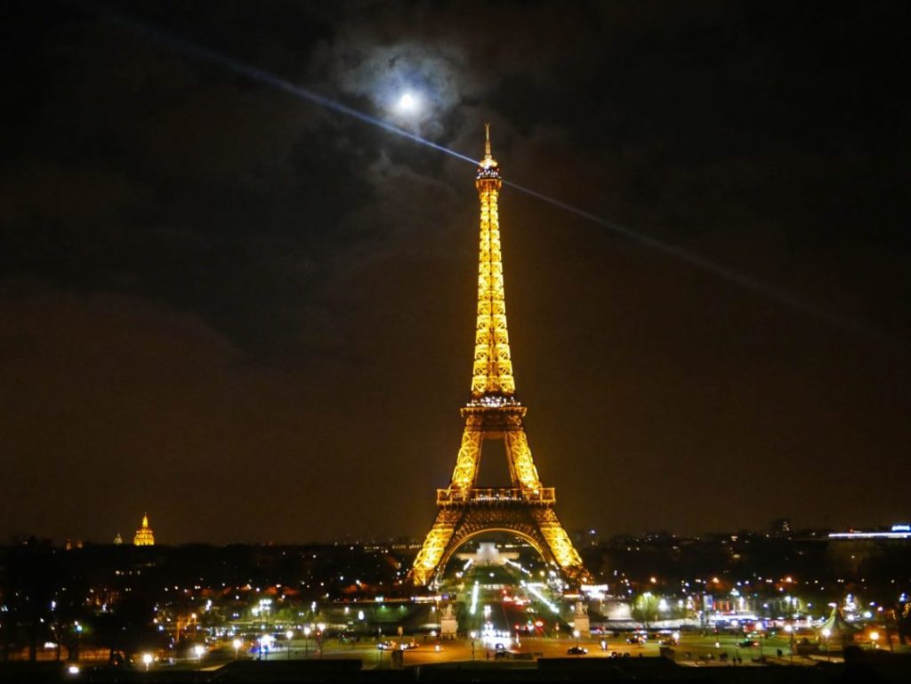 The Eiffel Tower lit up at night