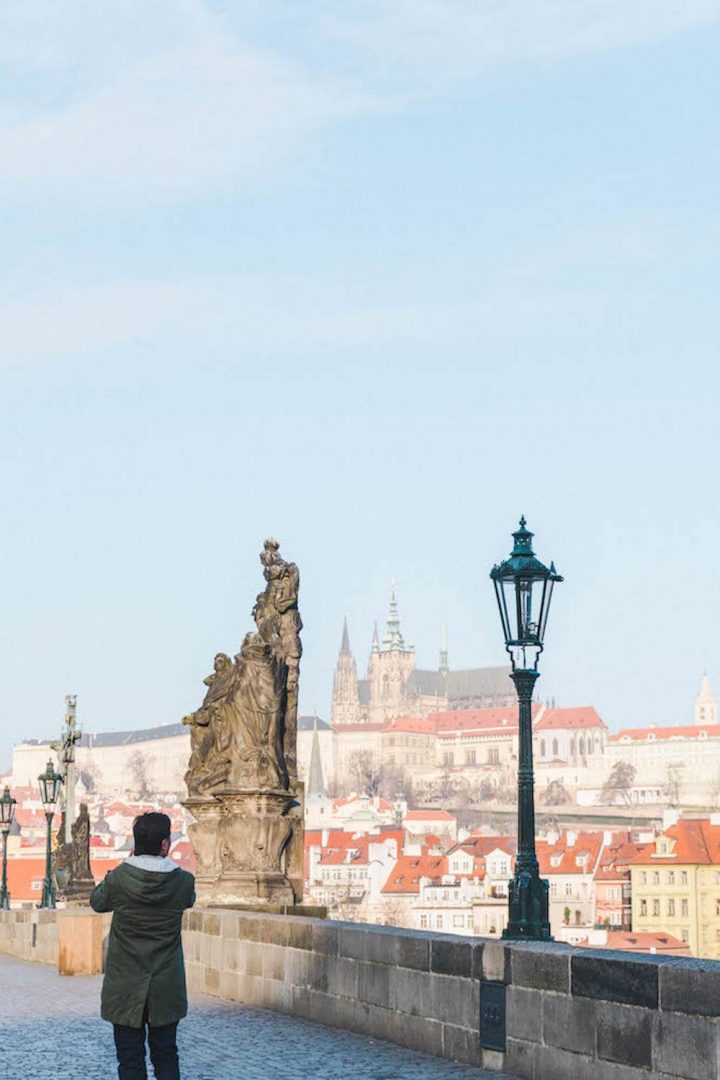 Looking at the Prague Castle from an empty Charles Brigge