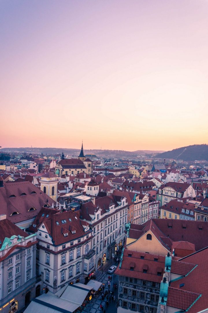 Sunset view of Prague from the Astronomical Clock Tower