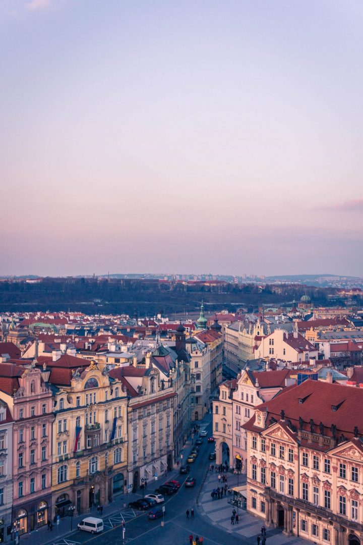 View from the Astronomical Clock Tower in Prague at sunset