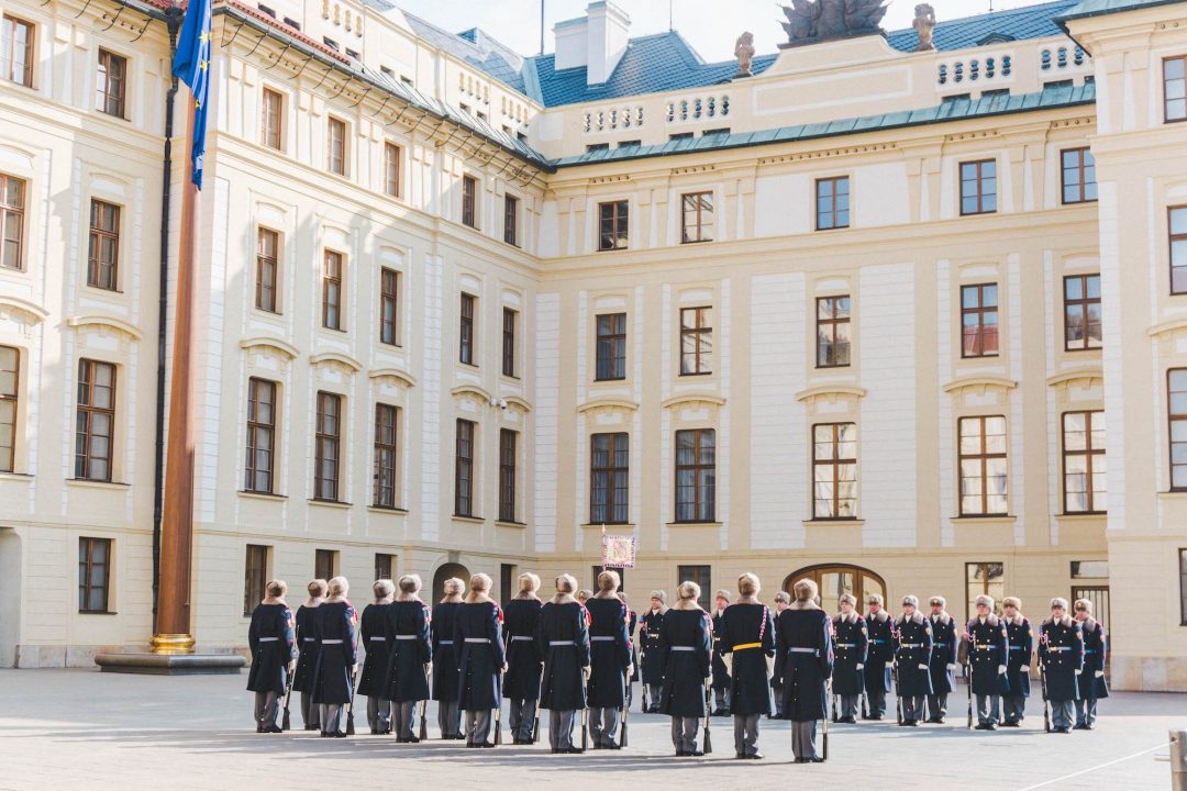 Two lines of guards at the changing of the guard ceremony at Prague Castle