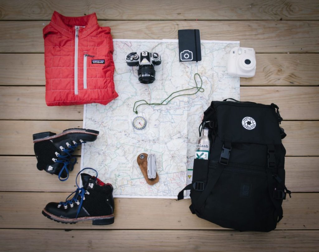 Europe backpacking gear flatlay