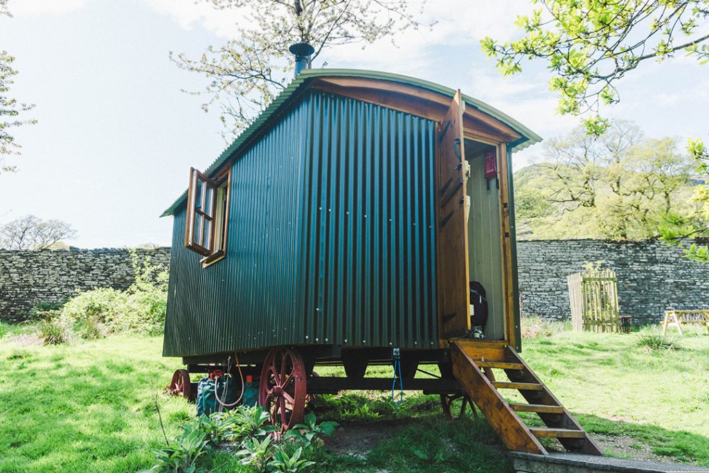 the outside of a Herdy Hut, a Lake District glamping site