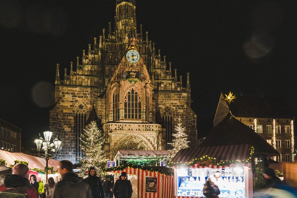 Nuremberg Christmas Market at night with the Frauenkirche in the background
