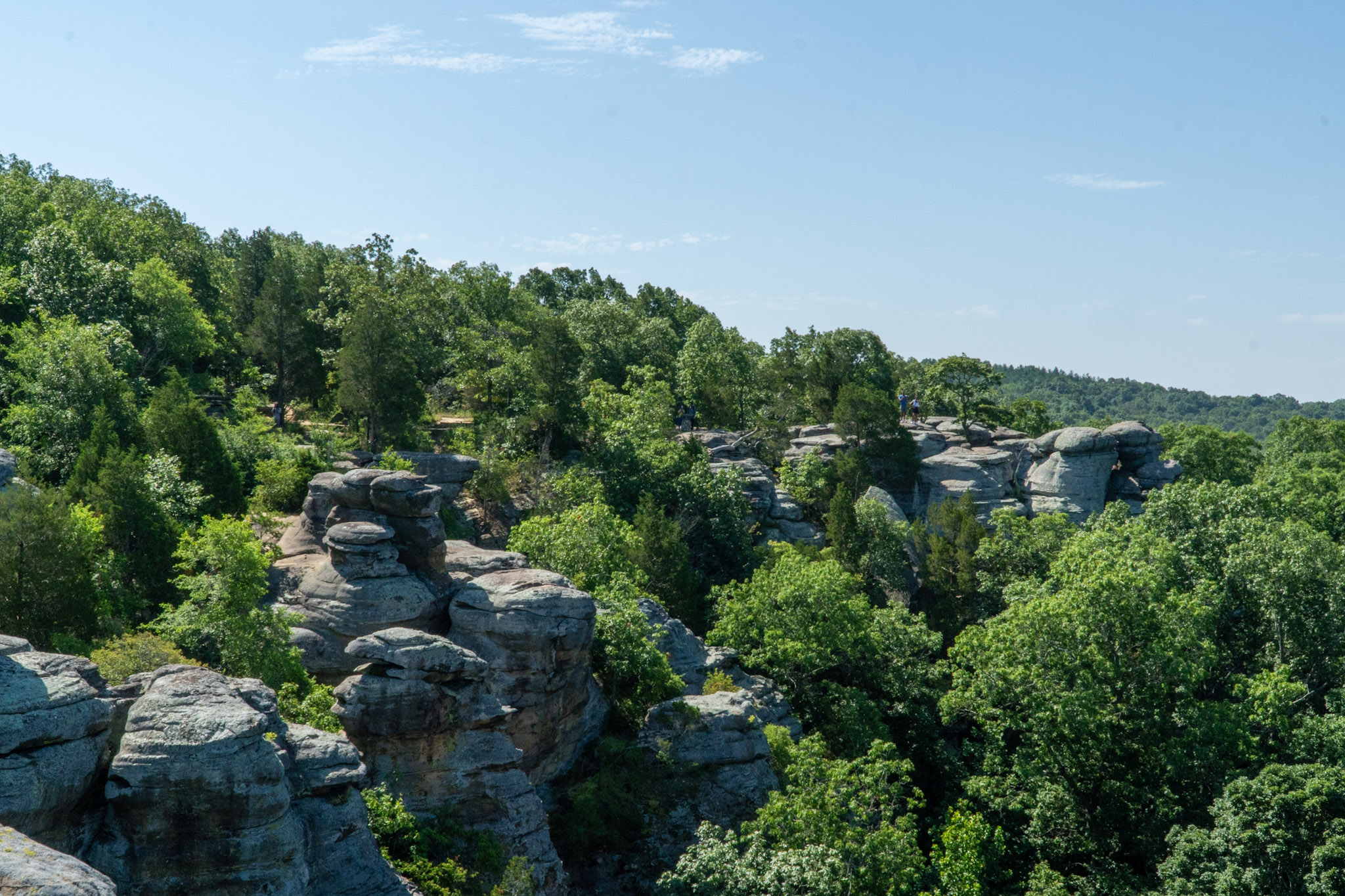 A scenic view of a lush, forested area within the Shawnee National Forest itinerary features rugged rock formations and cliffs under a clear blue sky. Trees blanket the landscape, creating a verdant, natural setting with some people visible atop the rock formations.